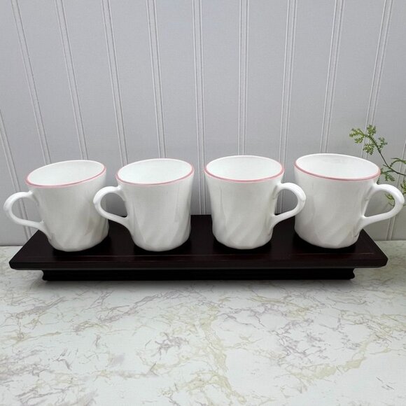 Set of 4 White Ceramic Coffee Mugs with Pink Rim 8oz Capacity Swirl Pattern - Picture 6 of 10